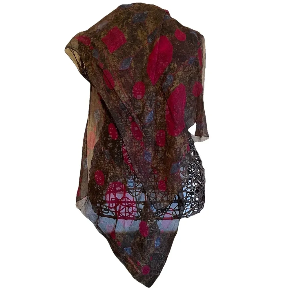 Linda Allard‎ For Ellen Tracy VTG Printed Silk Scarf Brown Burgundy Blue Luxury